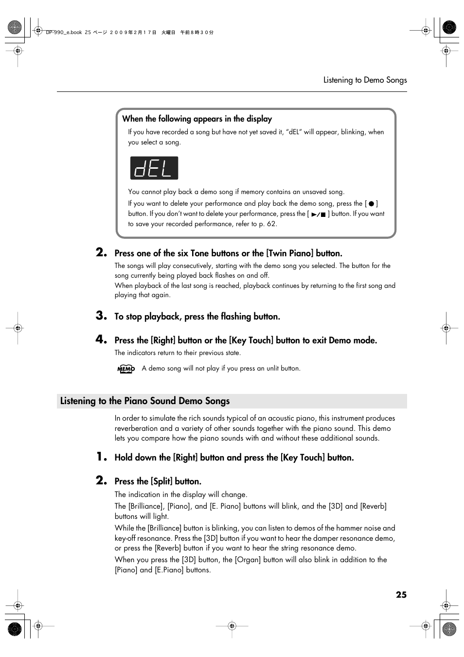 Listening to the piano sound demo songs | Roland DP-990 User Manual | Page 25 / 108