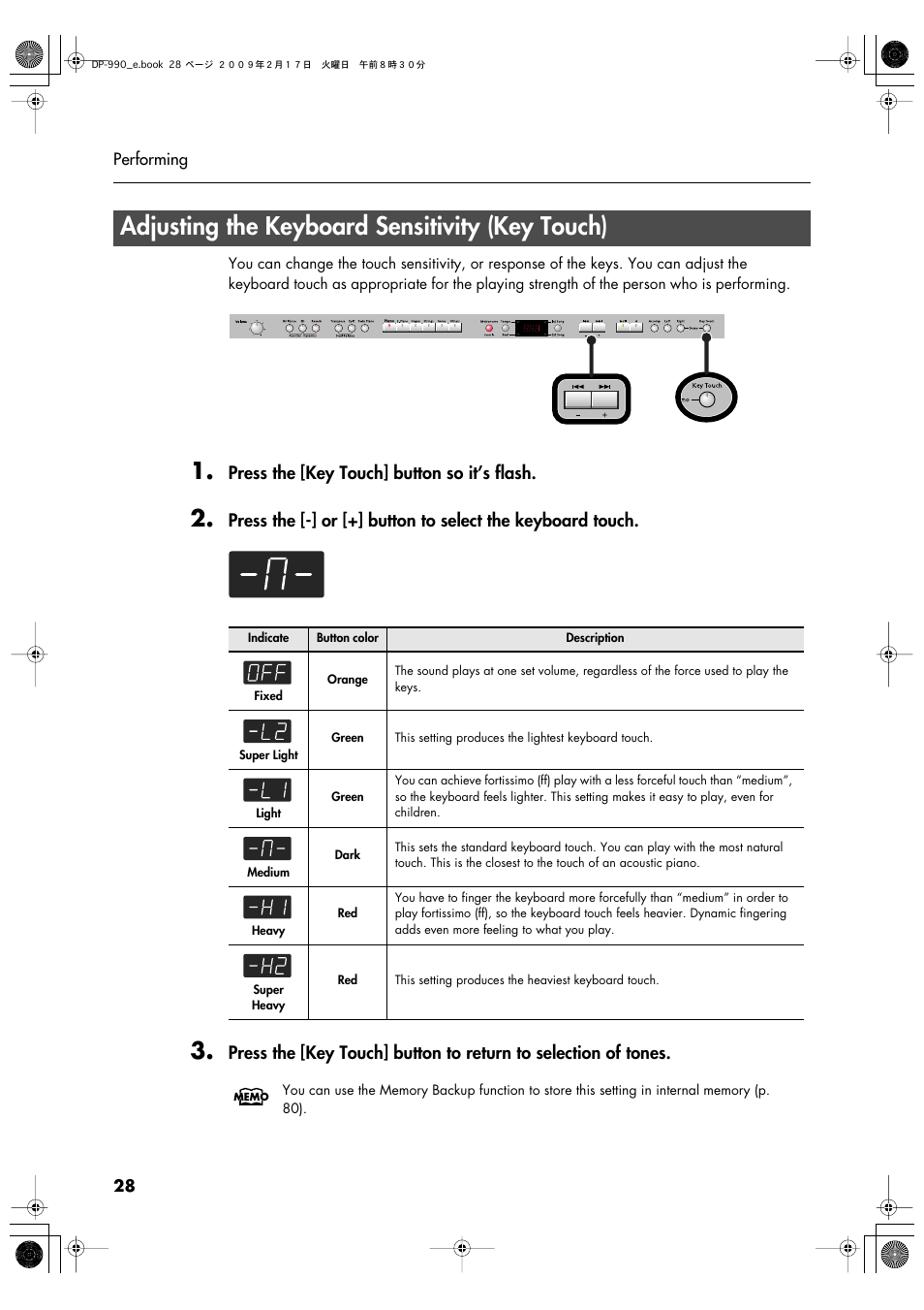 Adjusting the keyboard sensitivity (key touch), P. 28), Press the [key touch] button so it’s flash | Roland DP-990 User Manual | Page 28 / 108