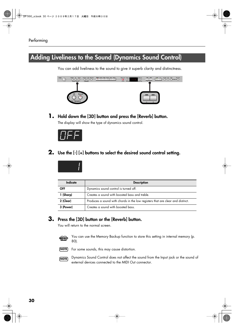 More expressive (p. 30), Press the [3d] button or the [reverb] button | Roland DP-990 User Manual | Page 30 / 108