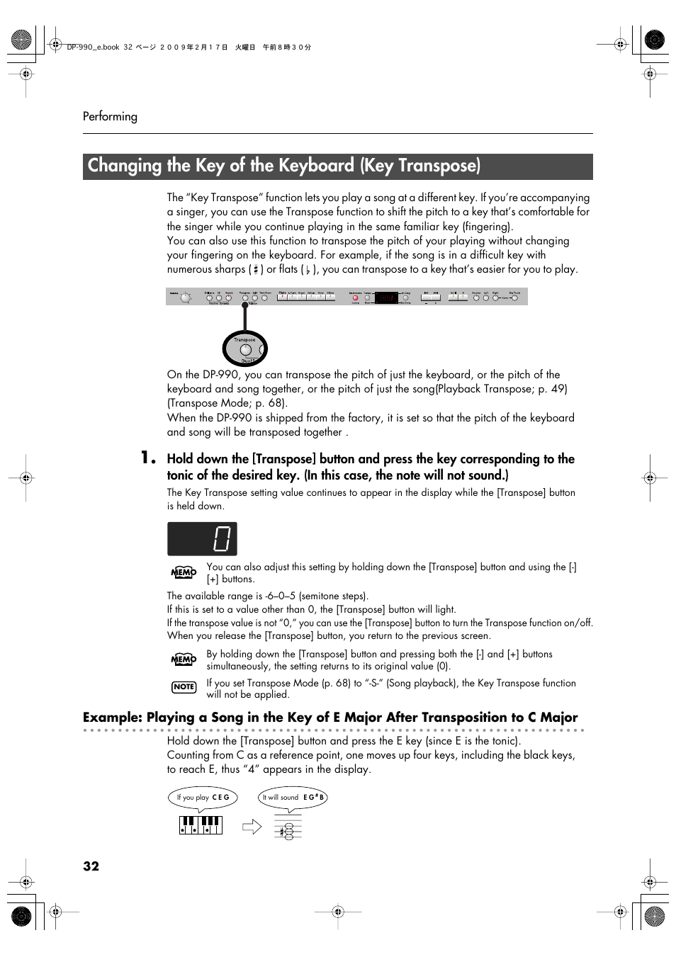 Changing the key of the keyboard (key transpose), Transposes the keyboard and/or song (p. 32) | Roland DP-990 User Manual | Page 32 / 108