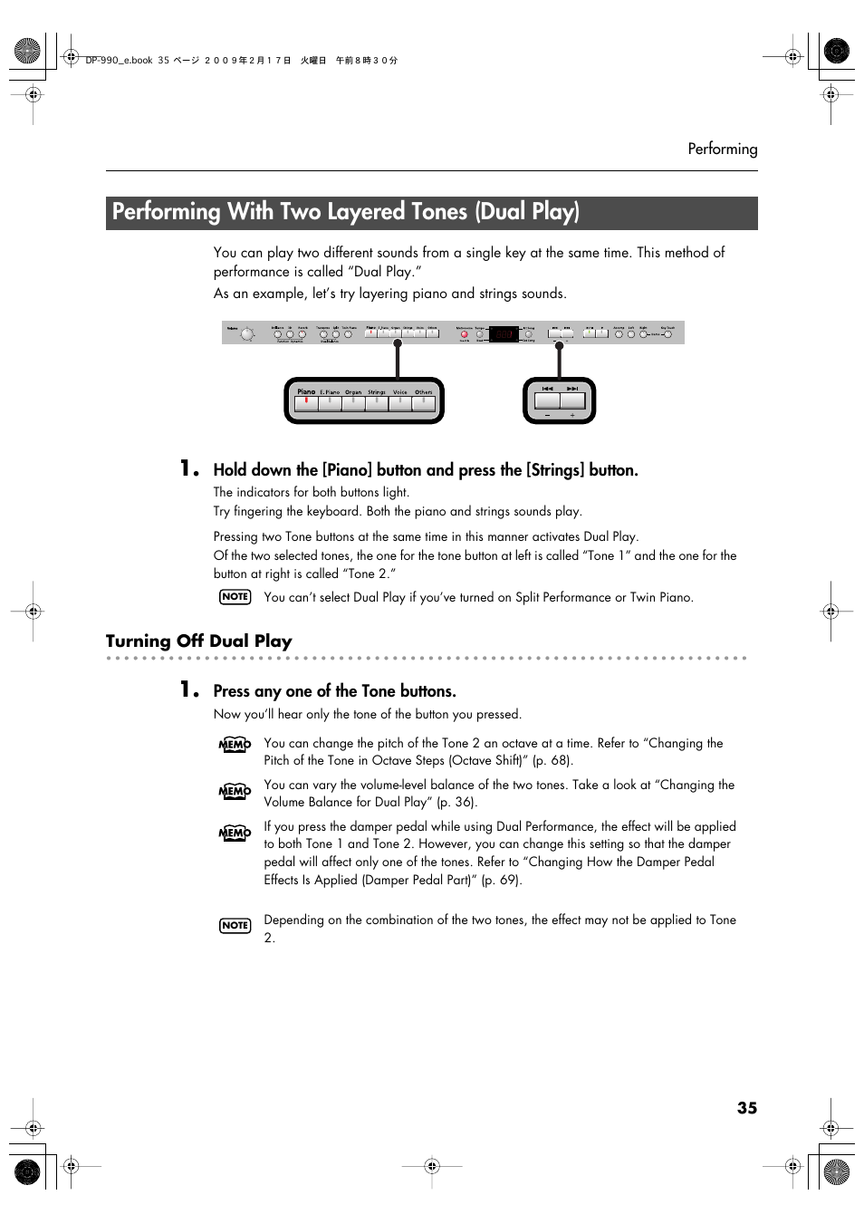 Performing with two layered tones (dual play) | Roland DP-990 User Manual | Page 35 / 108