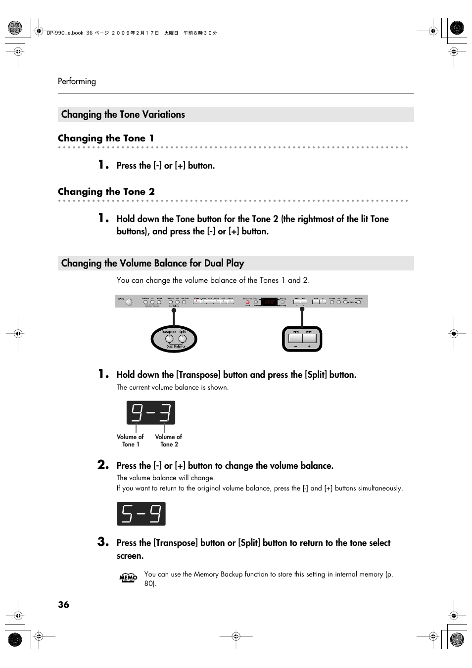 Changing the tone variations, Changing the volume balance for dual play, Two sounds when using dual performance (p. 36) | Roland DP-990 User Manual | Page 36 / 108