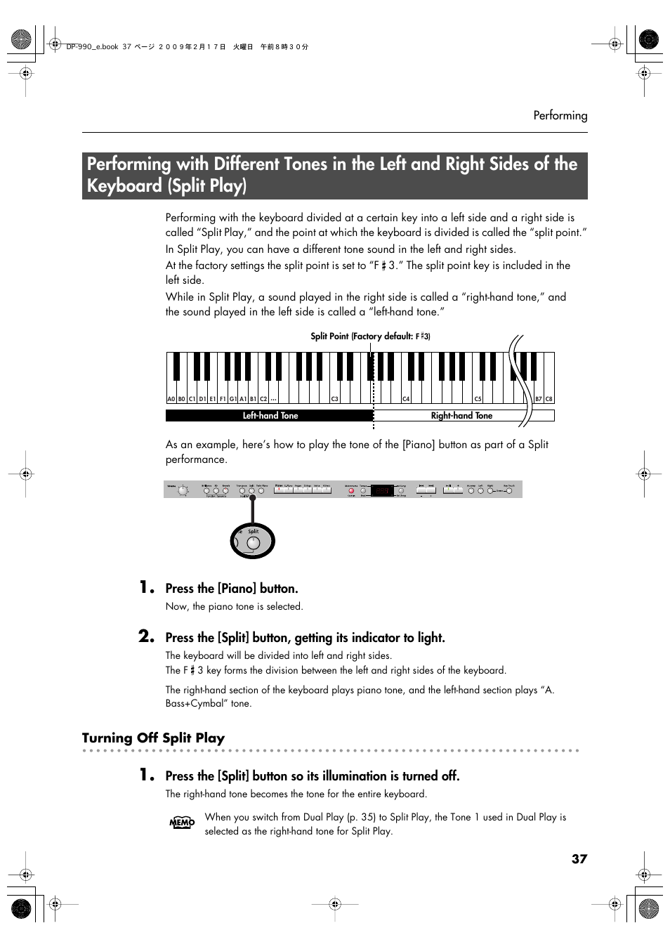 Area (p. 37), Press the [piano] button, Turning off split play | Roland DP-990 User Manual | Page 37 / 108