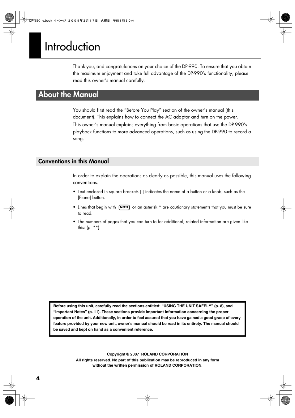 Introduction, About the manual, Conventions in this manual | Roland DP-990 User Manual | Page 4 / 108