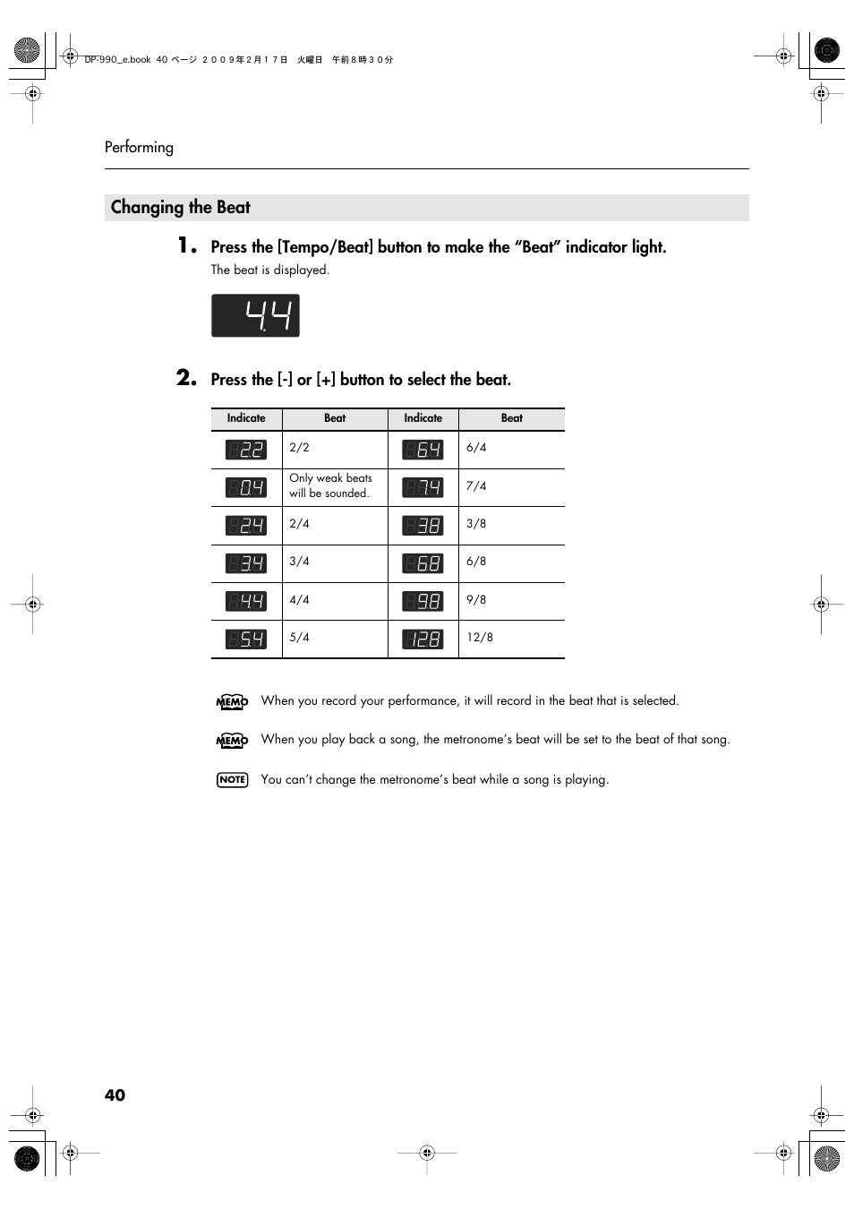 Changing the beat, Press the [-] or [+] button to select the beat | Roland DP-990 User Manual | Page 40 / 108