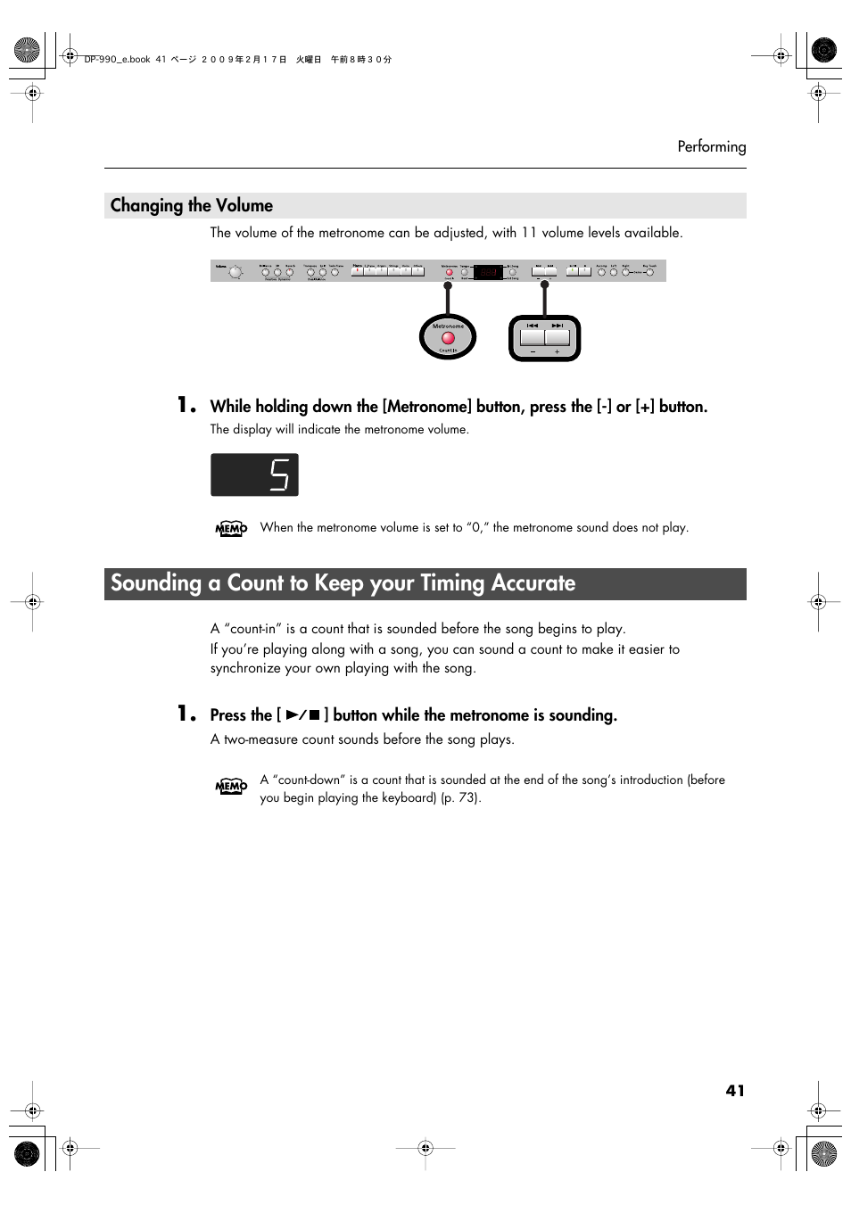 Changing the volume, Sounding a count to keep your timing accurate, Song (p. 41) | Roland DP-990 User Manual | Page 41 / 108