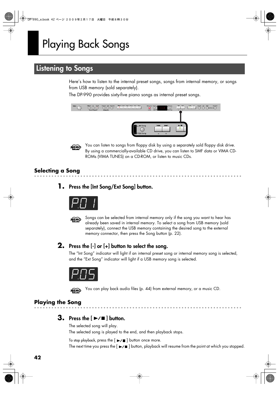 Playing back songs, Listening to songs, This lets you select the song to play back (p. 42) | While the song select screen is displayed (p. 42), Song you’ve recorded (p. 42) | Roland DP-990 User Manual | Page 42 / 108