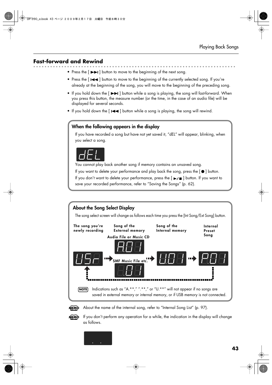 Song will be rewound (p. 43), Song will be fast-forwarded (p. 43), Fast-forward and rewind | Roland DP-990 User Manual | Page 43 / 108