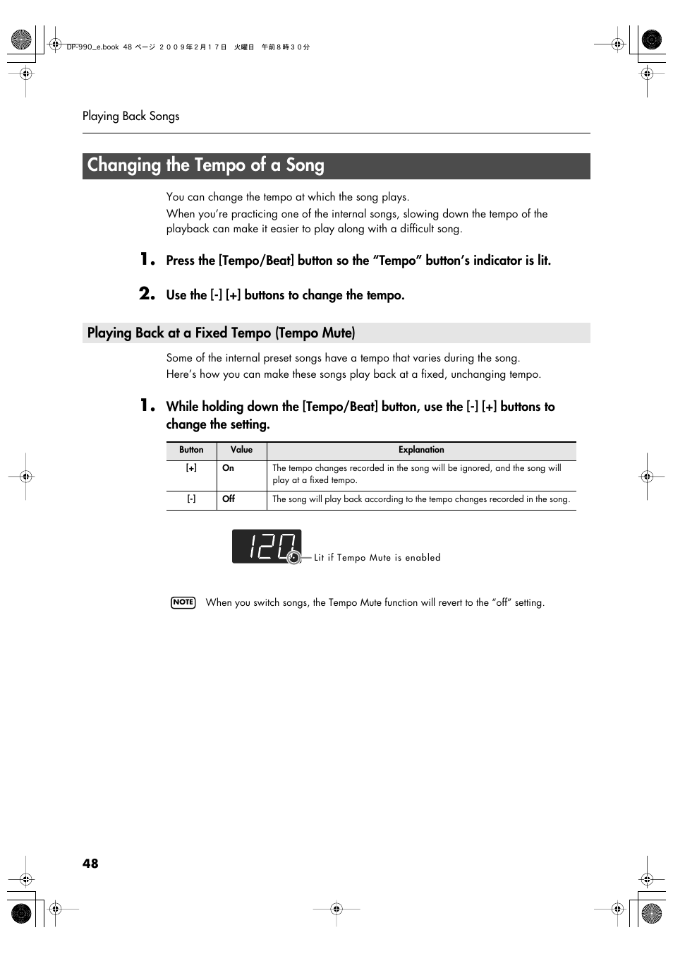 Changing the tempo of a song, Playing back at a fixed tempo (tempo mute), Tempo change (p. 48) | Roland DP-990 User Manual | Page 48 / 108