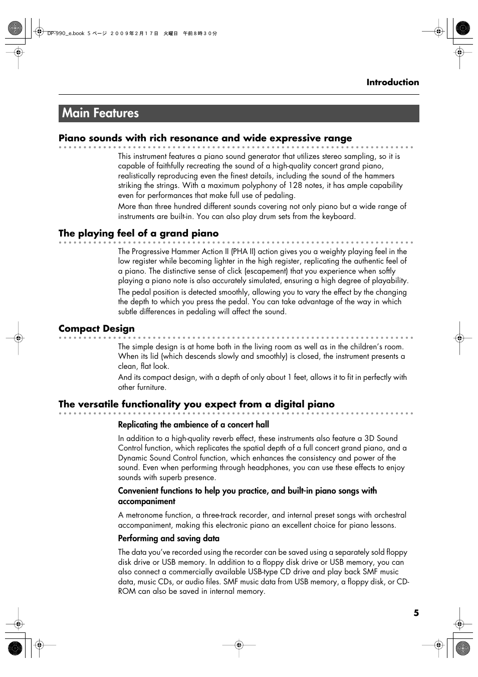 Main features | Roland DP-990 User Manual | Page 5 / 108