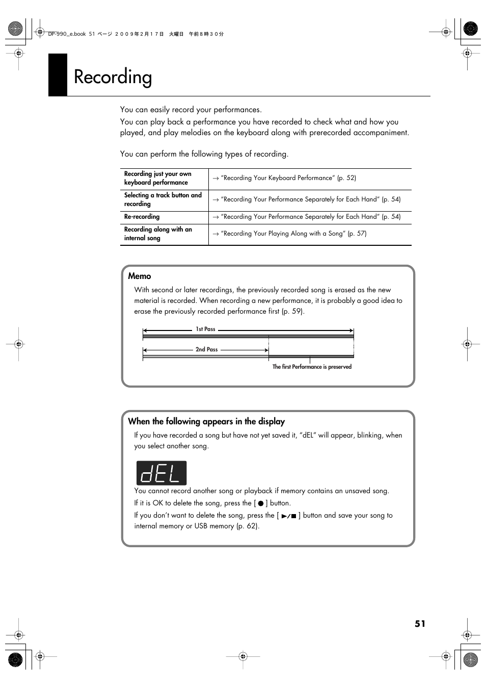 Recording, Performance (p. 51), 990 (p. 51) | Recording (p. 51) | Roland DP-990 User Manual | Page 51 / 108