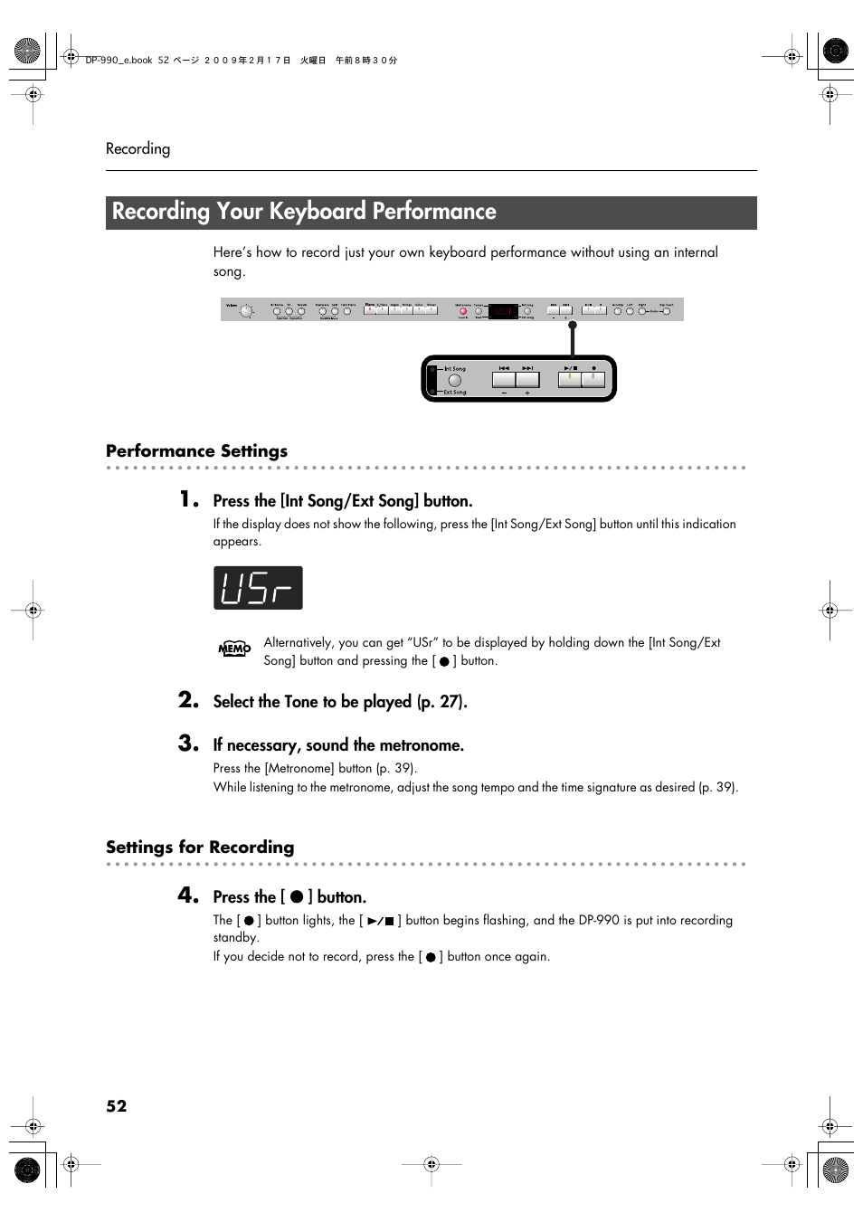 Recording your keyboard performance, Recording your keyboard performance” (p. 52) | Roland DP-990 User Manual | Page 52 / 108