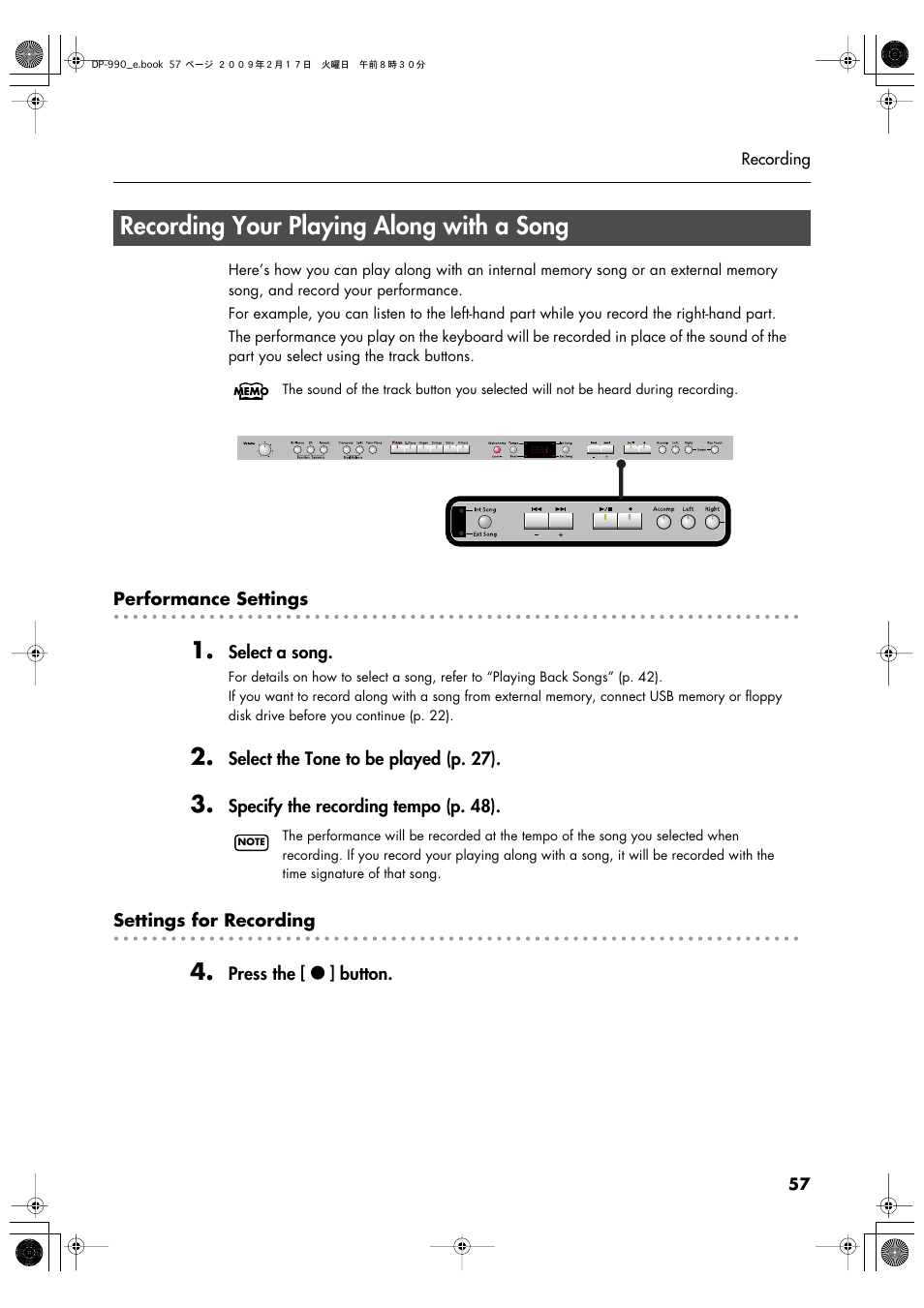 Recording your playing along with a song, Recording your playing along with a song” (p. 57) | Roland DP-990 User Manual | Page 57 / 108