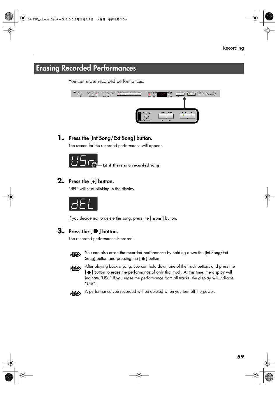 Erasing recorded performances | Roland DP-990 User Manual | Page 59 / 108