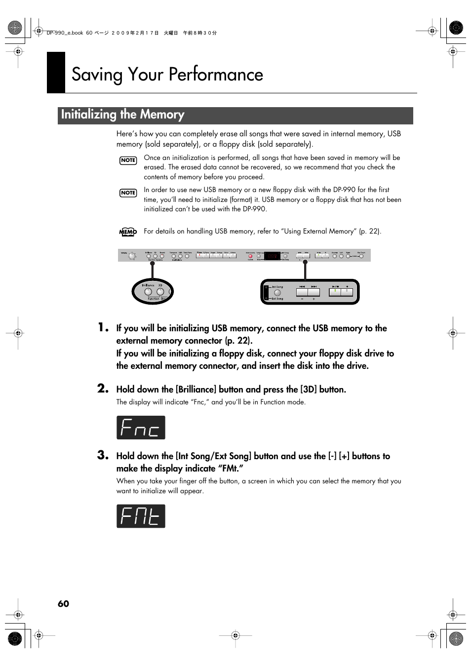 Saving your performance, Initializing the memory | Roland DP-990 User Manual | Page 60 / 108