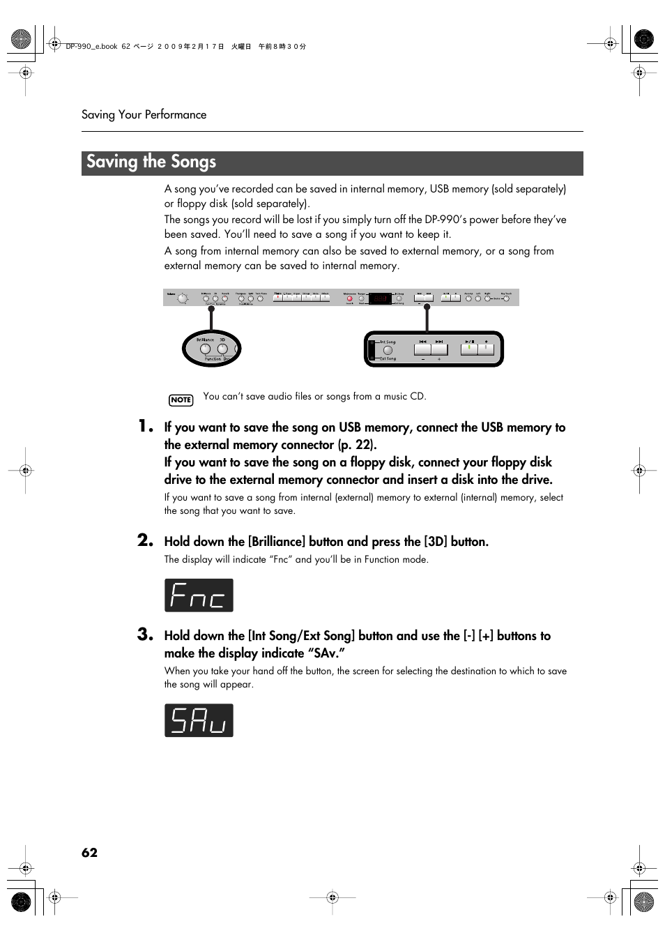 Saving the songs, Internal memory or usb memory (p. 62) | Roland DP-990 User Manual | Page 62 / 108