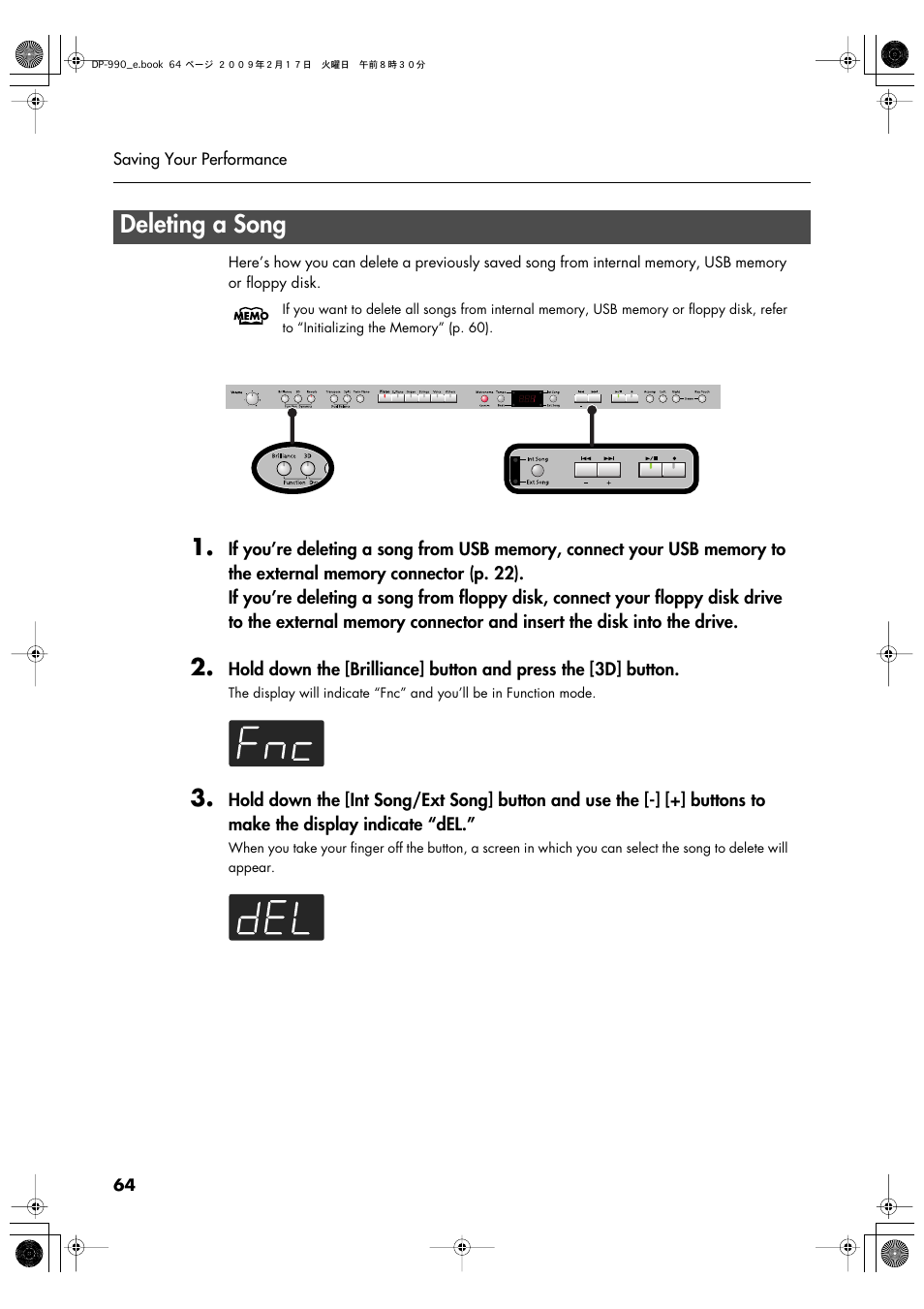 Deleting a song | Roland DP-990 User Manual | Page 64 / 108