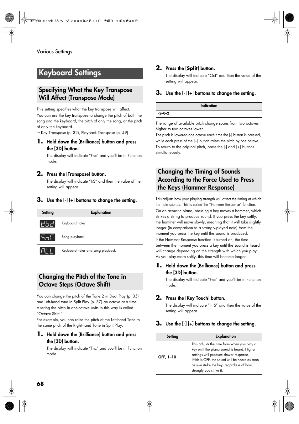 Keyboard settings, P. 68 | Roland DP-990 User Manual | Page 68 / 108