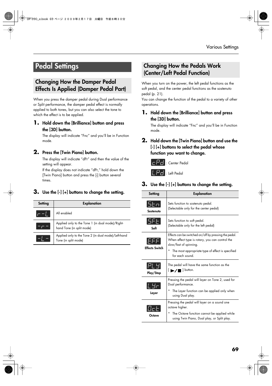 Pedal settings, P. 69 | Roland DP-990 User Manual | Page 69 / 108