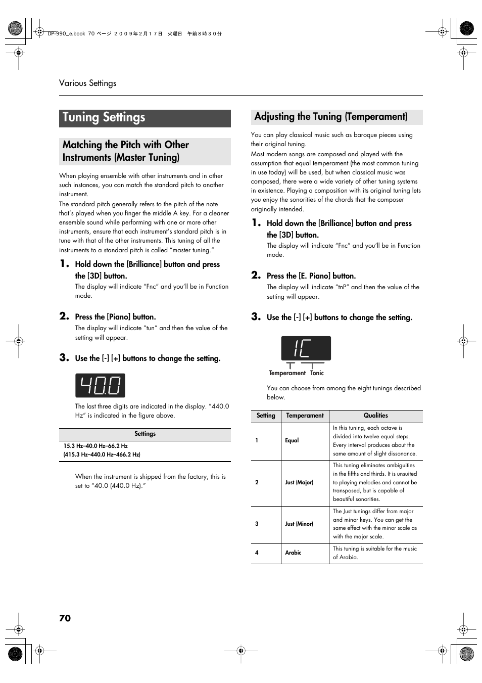 Tuning settings, Adjusting the tuning (temperament), P. 70 | Roland DP-990 User Manual | Page 70 / 108