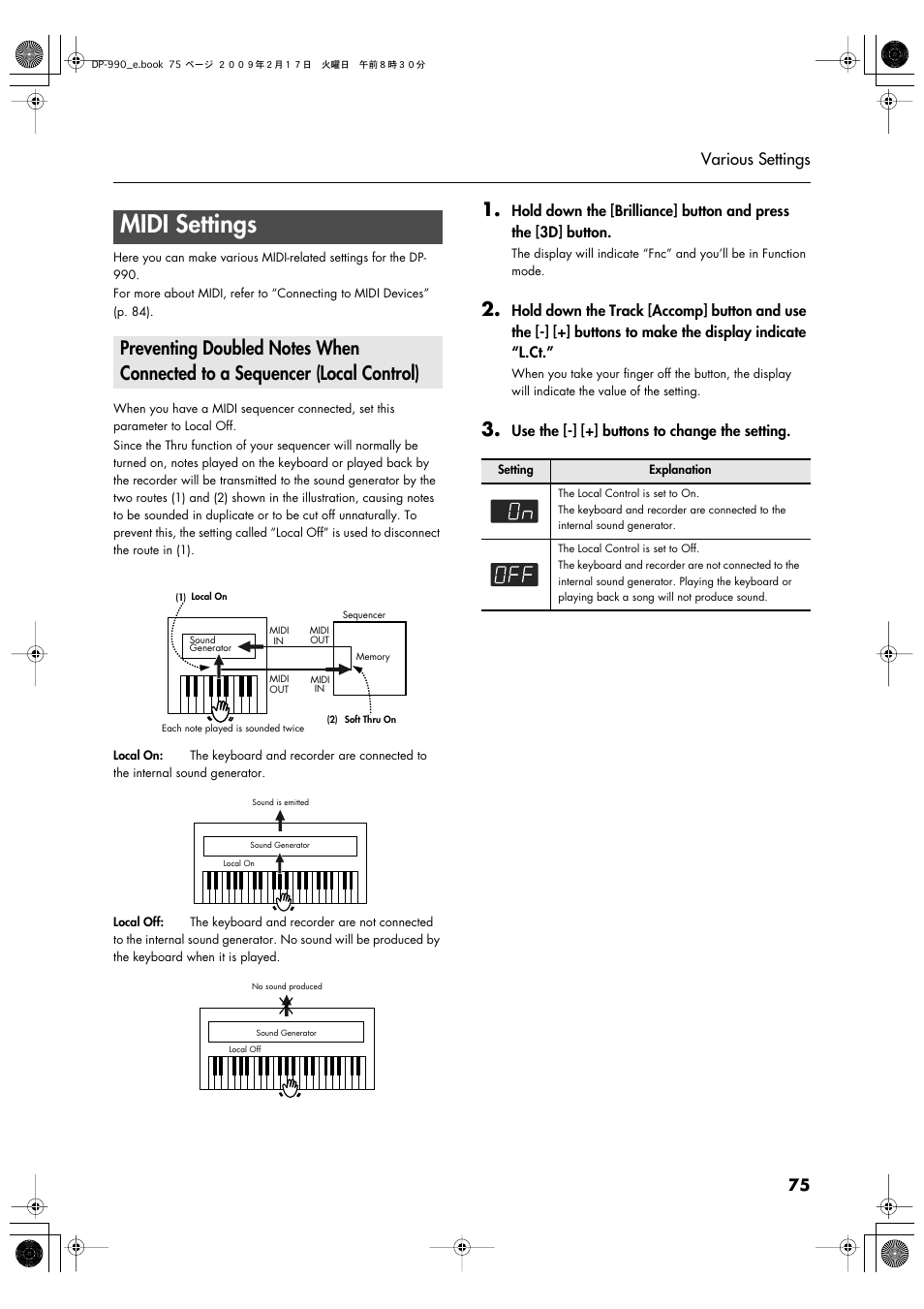 Midi settings, P. 75, 75 various settings | Roland DP-990 User Manual | Page 75 / 108