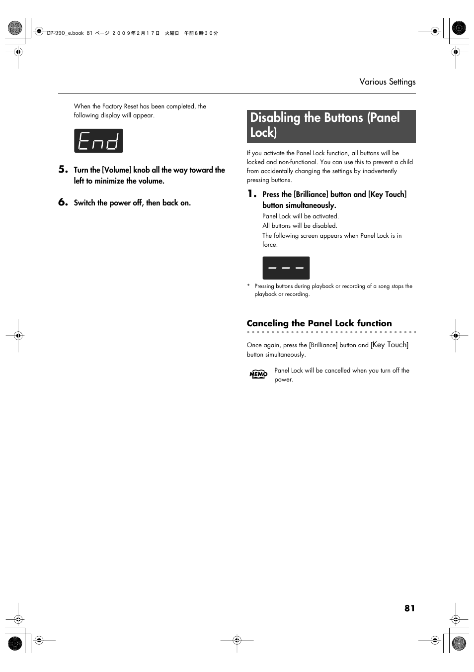 Disabling the buttons (panel lock), P. 81 | Roland DP-990 User Manual | Page 81 / 108