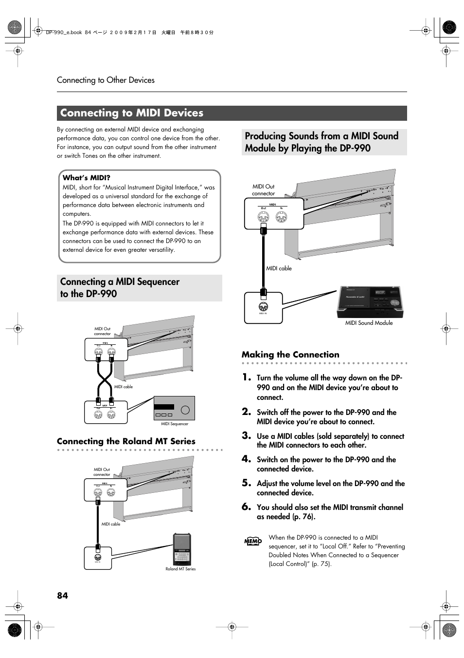 Connecting to midi devices, Connecting a midi sequencer to the dp-990, Transfer performance data (p. 84) | Roland DP-990 User Manual | Page 84 / 108