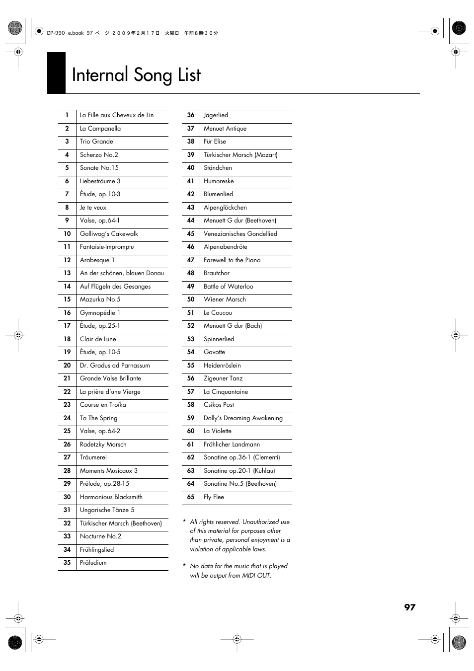 Internal song list | Roland DP-990 User Manual | Page 97 / 108