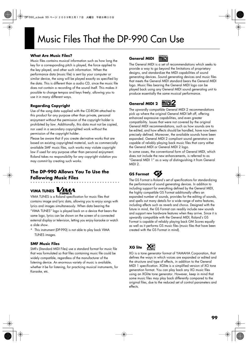 Music files that the dp-990 can use | Roland DP-990 User Manual | Page 99 / 108