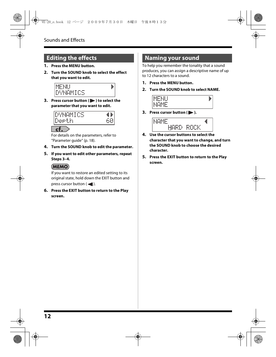 Editing the effects naming your sound | Roland VE-20 User Manual | Page 12 / 20