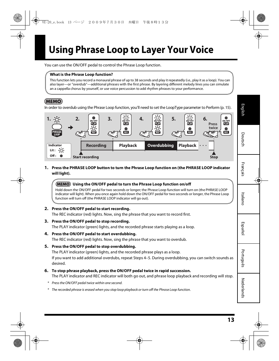 Using phrase loop to layer your voice, Using phrase loop to layer your voice” (p. 13) | Roland VE-20 User Manual | Page 13 / 20