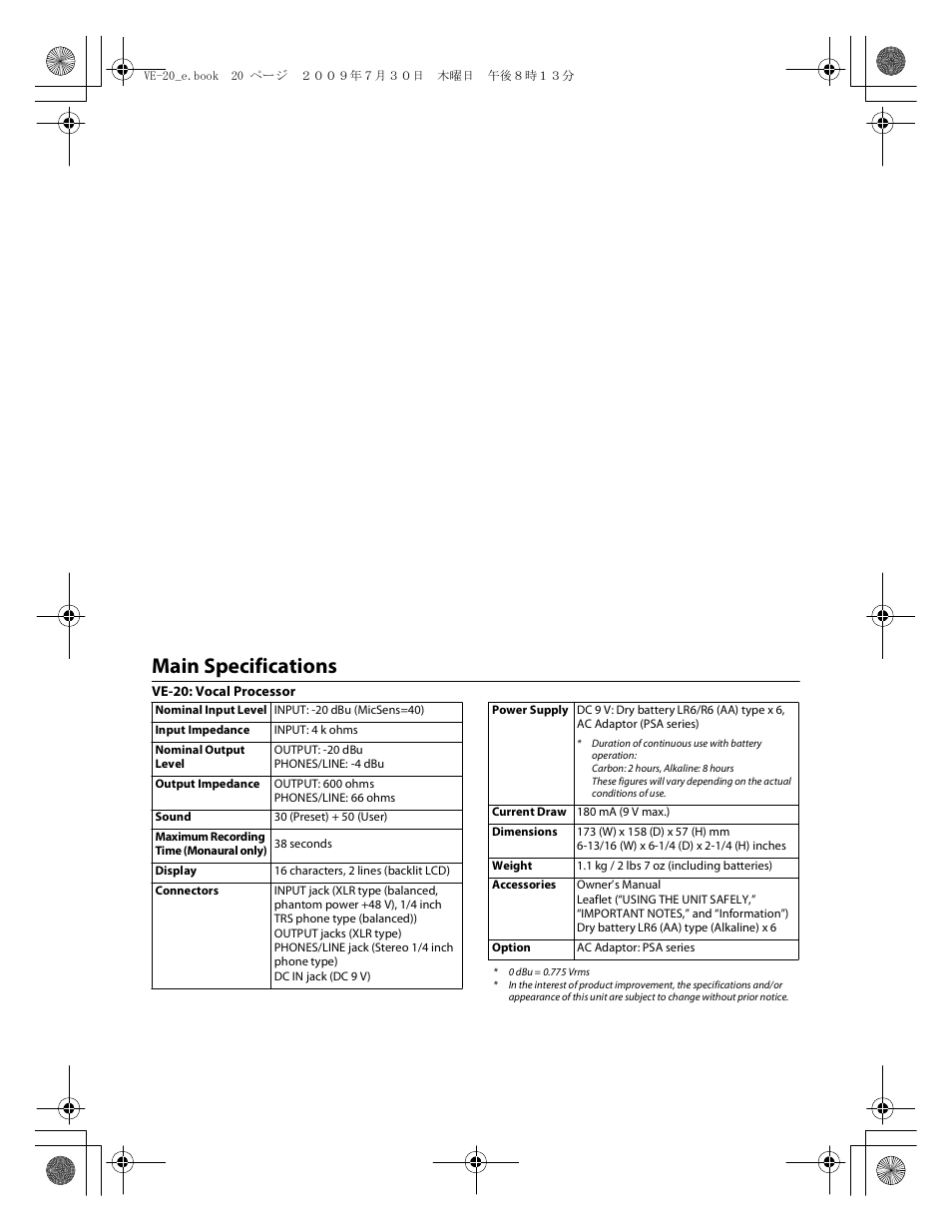 Main specifications | Roland VE-20 User Manual | Page 20 / 20