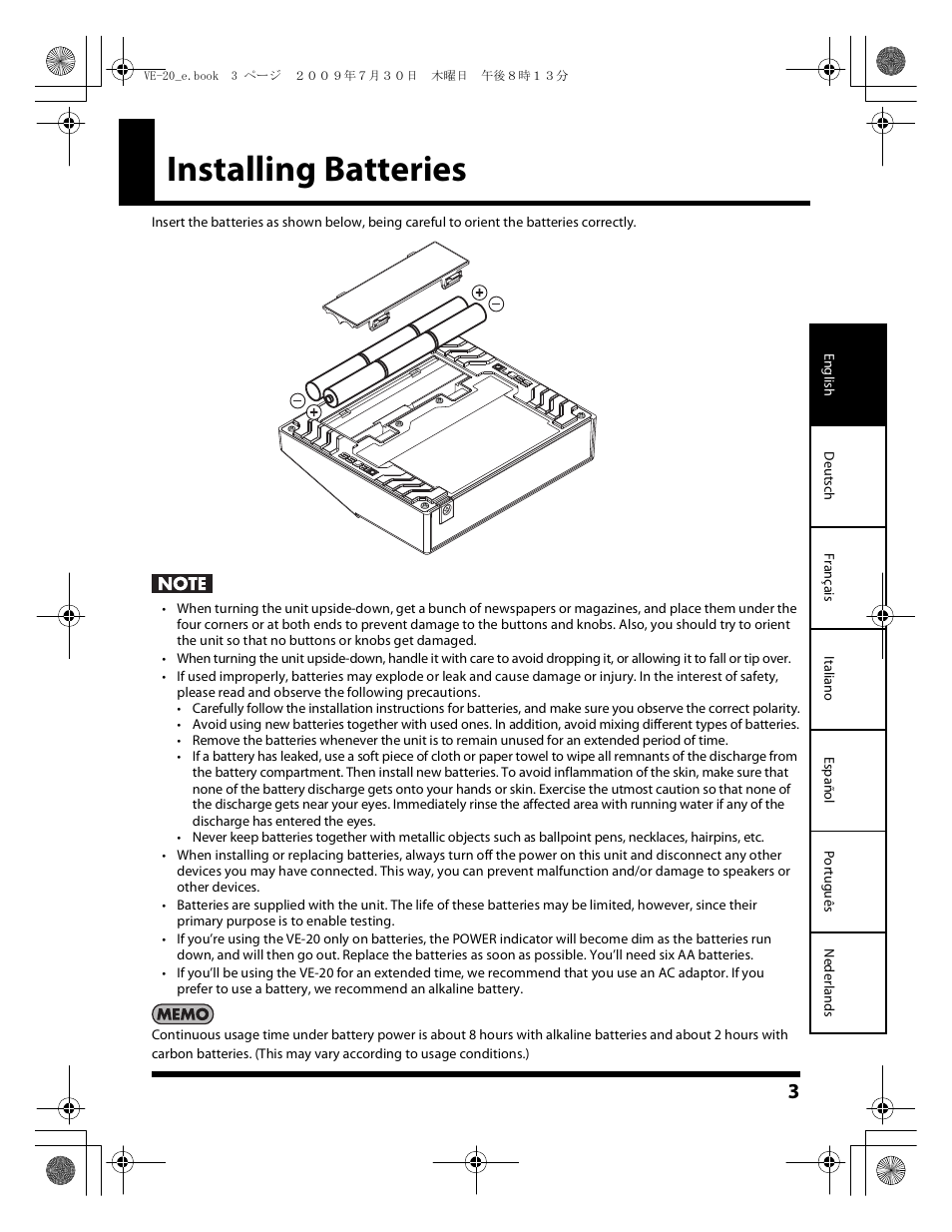 Installing batteries | Roland VE-20 User Manual | Page 3 / 20