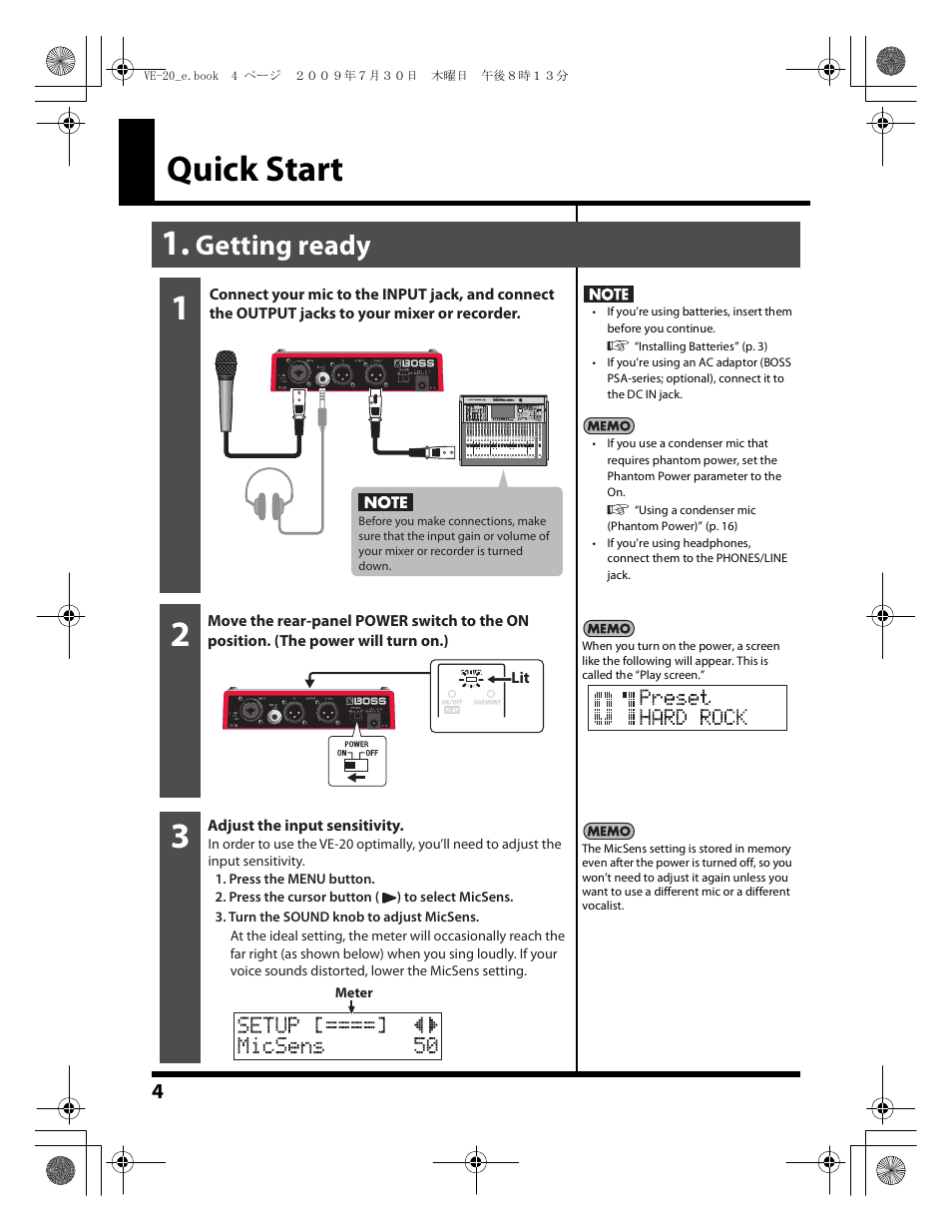 Quick start, Getting ready, Quick start 1 | Roland VE-20 User Manual | Page 4 / 20