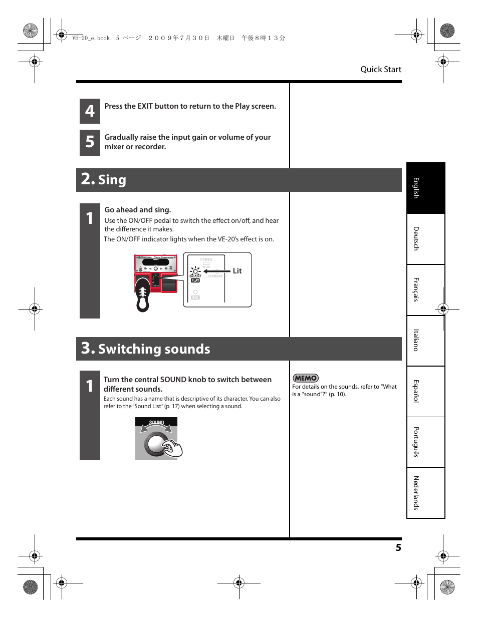 Sing 3. switching sounds, Sing, Switching sounds | Roland VE-20 User Manual | Page 5 / 20