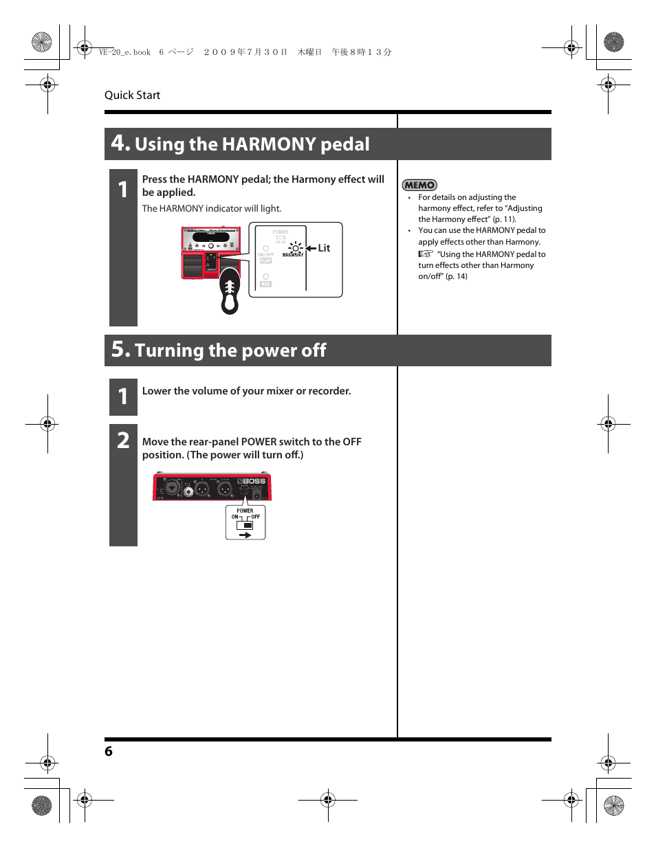 Using the harmony pedal 5. turning the power off, Using the harmony pedal, Turning the power off | Roland VE-20 User Manual | Page 6 / 20