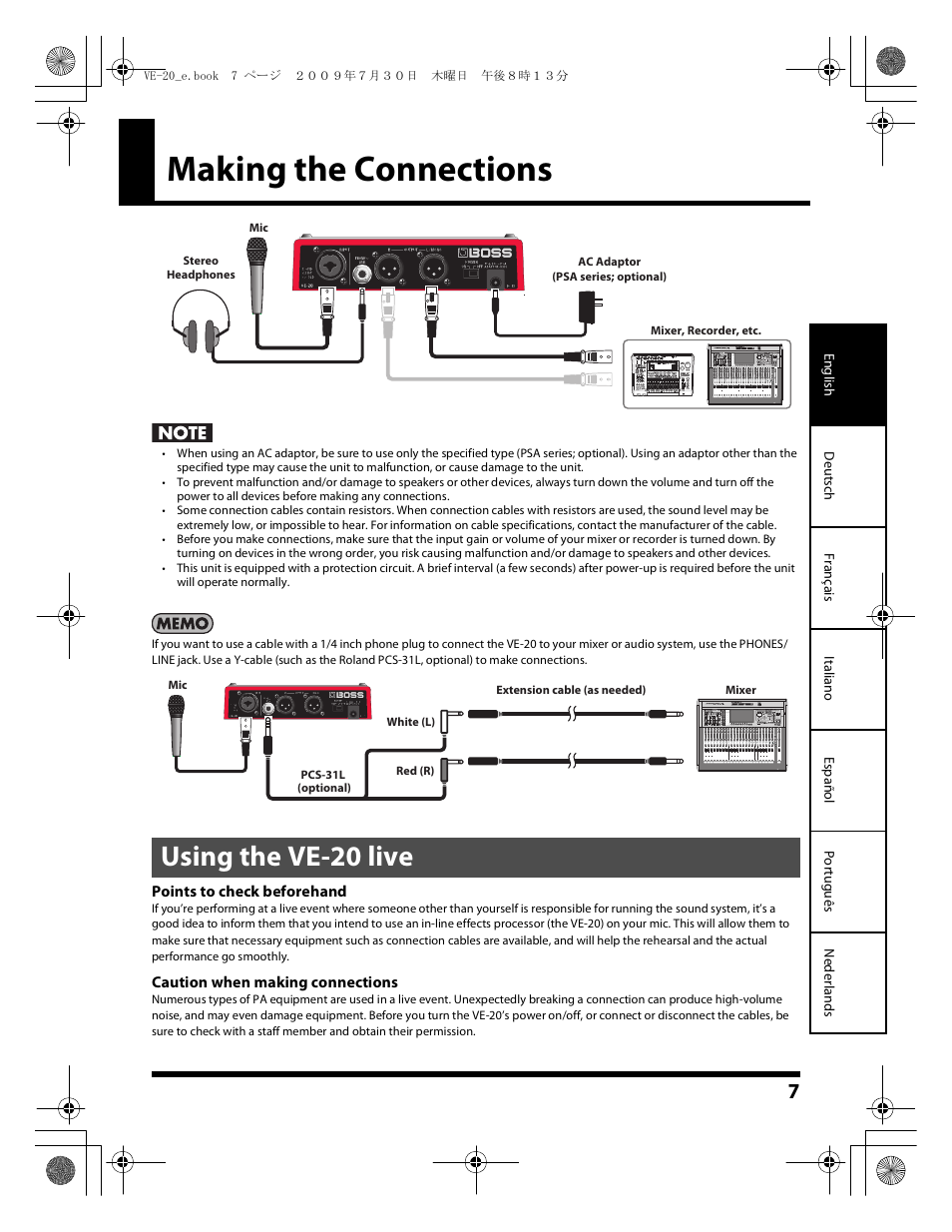 Making the connections, Using the ve-20 live | Roland VE-20 User Manual | Page 7 / 20