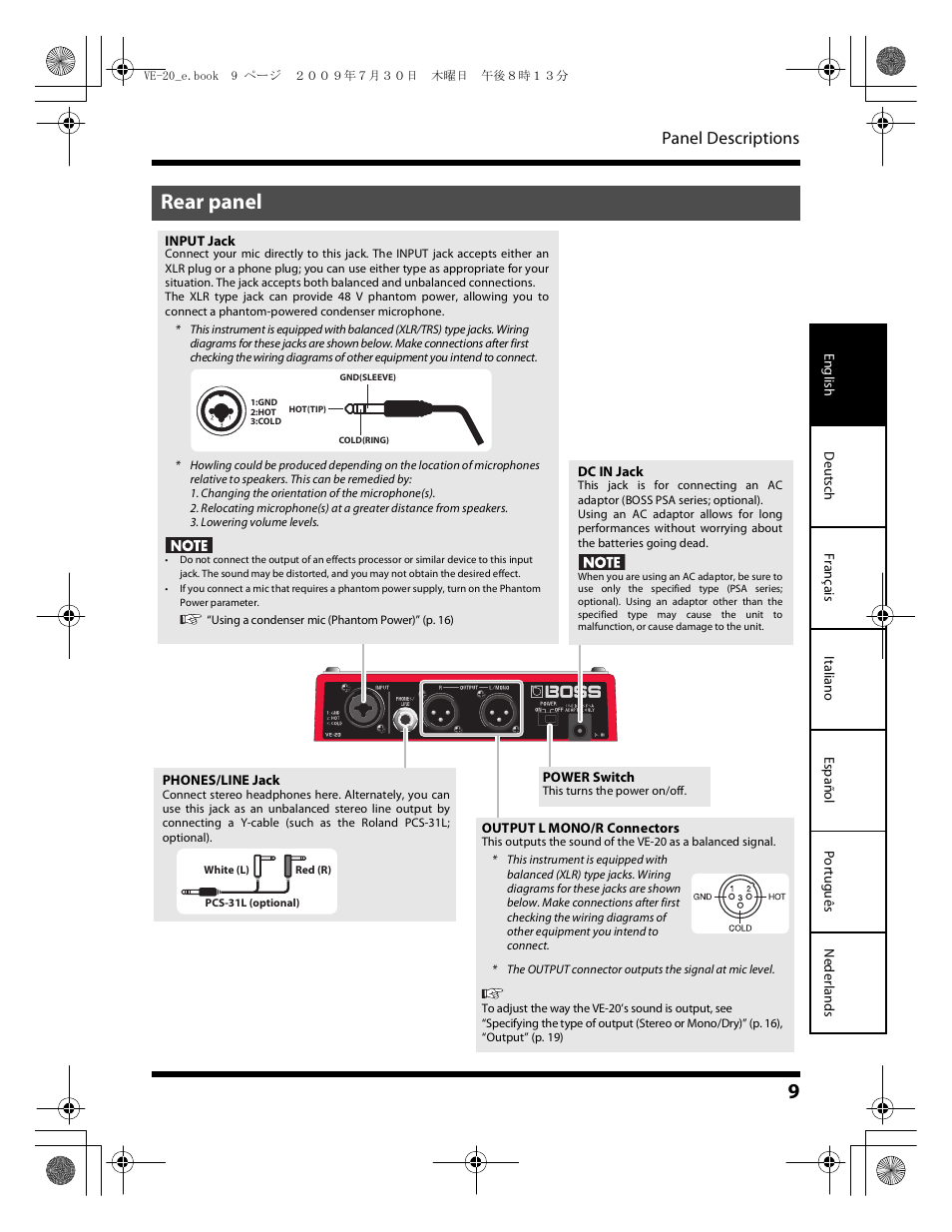 Rear panel, Panel descriptions | Roland VE-20 User Manual | Page 9 / 20