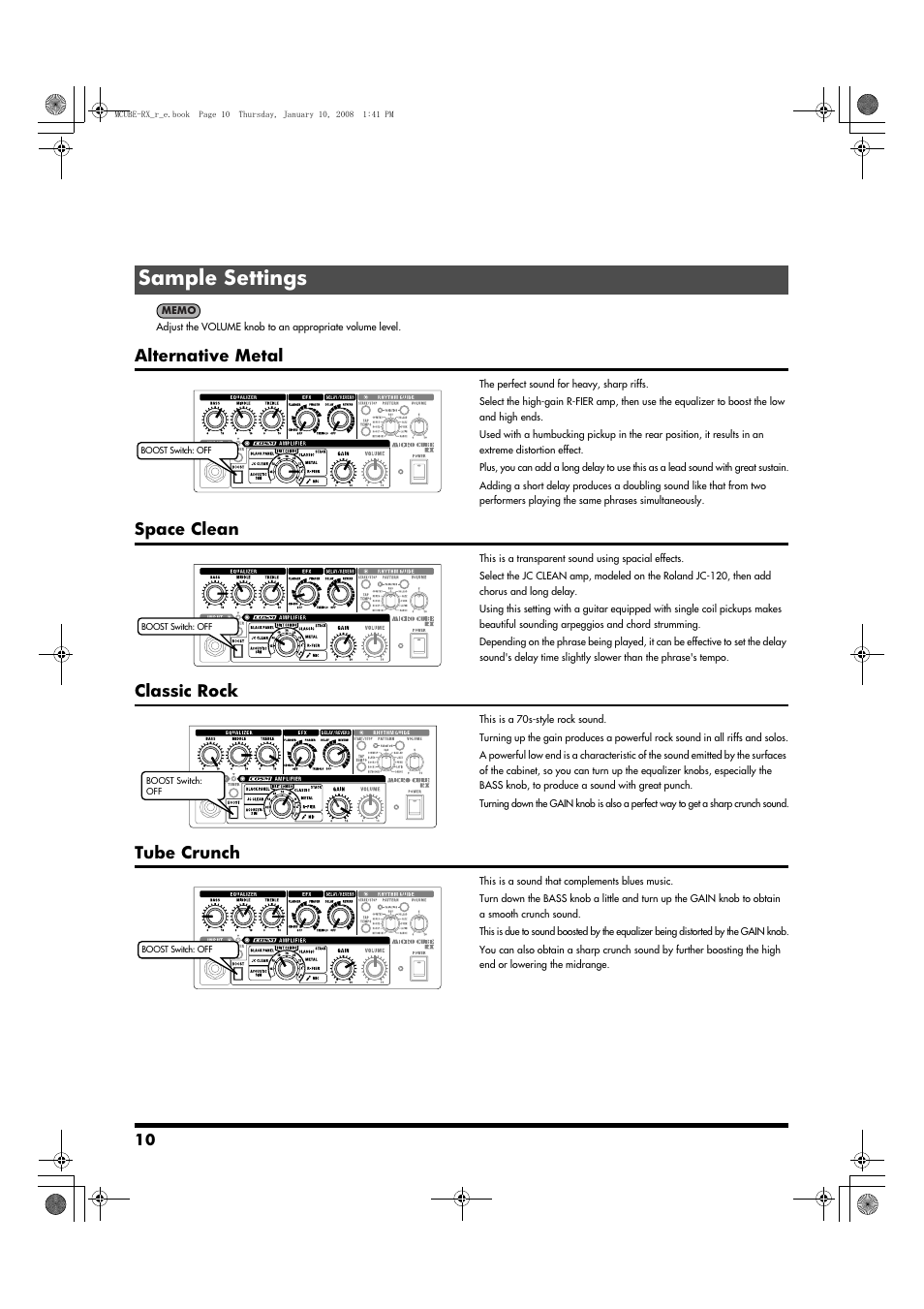 Sample settings, Alternative metal, Space clean | Classic rock, Tube crunch | Roland JC-120 User Manual | Page 10 / 52