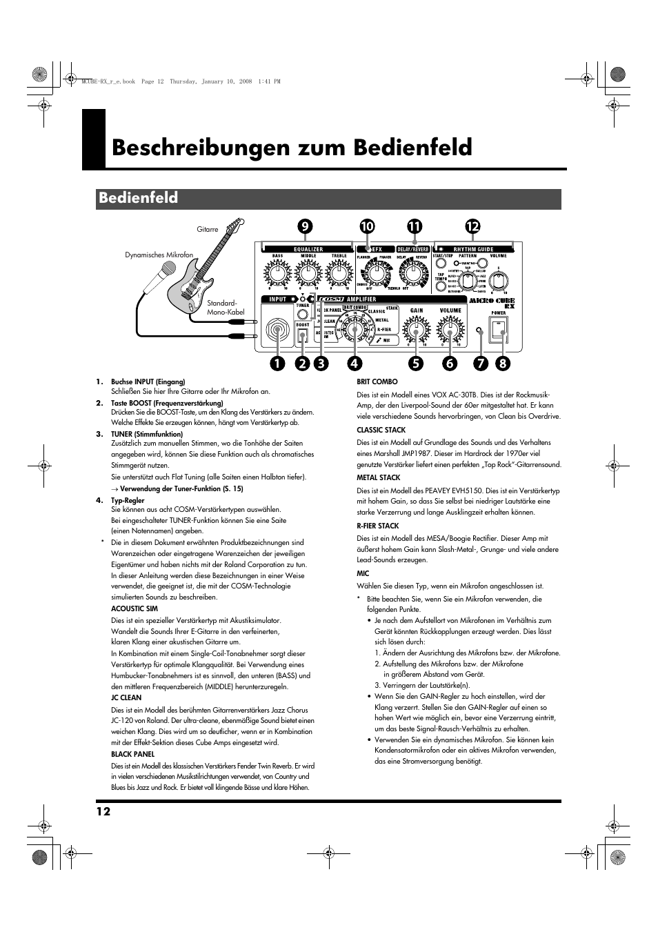 Beschreibungen zum bedienfeld, Bedienfeld | Roland JC-120 User Manual | Page 12 / 52