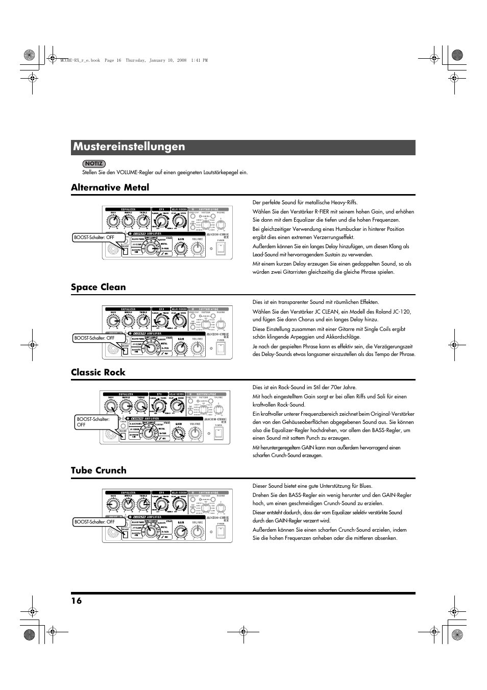 Mustereinstellungen, Alternative metal, Space clean | Classic rock, Tube crunch | Roland JC-120 User Manual | Page 16 / 52