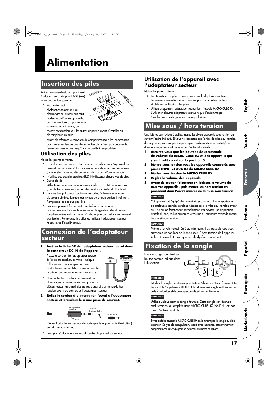 Français, Alimentation, Insertion des piles | Connexion de l’adaptateur secteur, Mise sous / hors tension, Fixation de la sangle, Mise sous / hors tension fixation de la sangle, Utilisation des piles | Roland JC-120 User Manual | Page 17 / 52