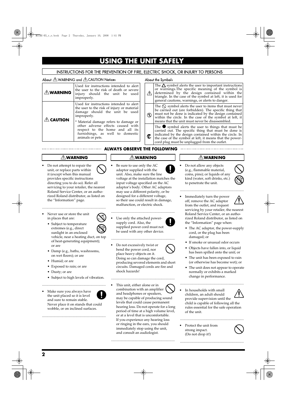 Using the unit safely | Roland JC-120 User Manual | Page 2 / 52