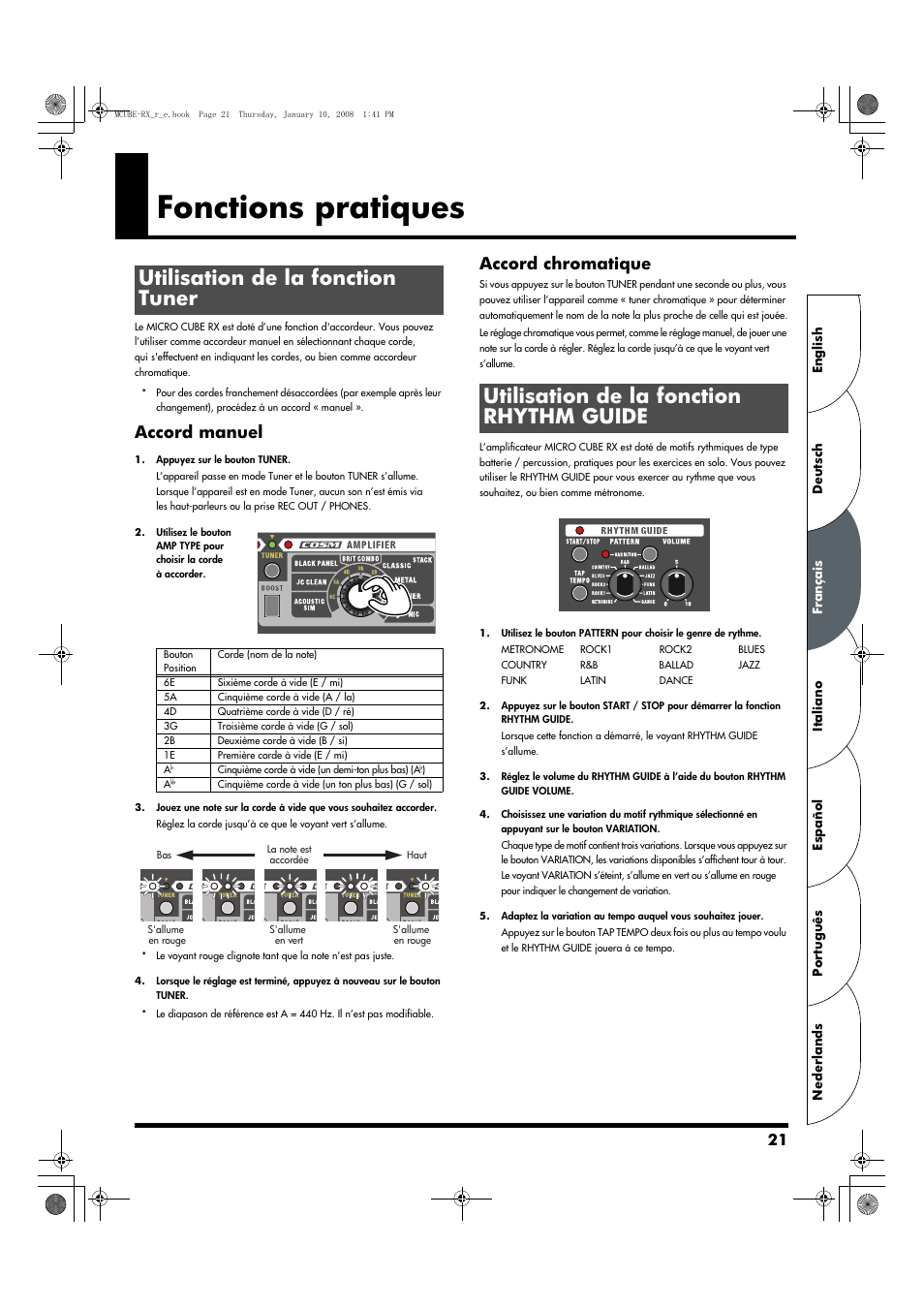 Fonctions pratiques, Utilisation de la fonction tuner, Utilisation de la fonction rhythm guide | Accord manuel, Accord chromatique | Roland JC-120 User Manual | Page 21 / 52