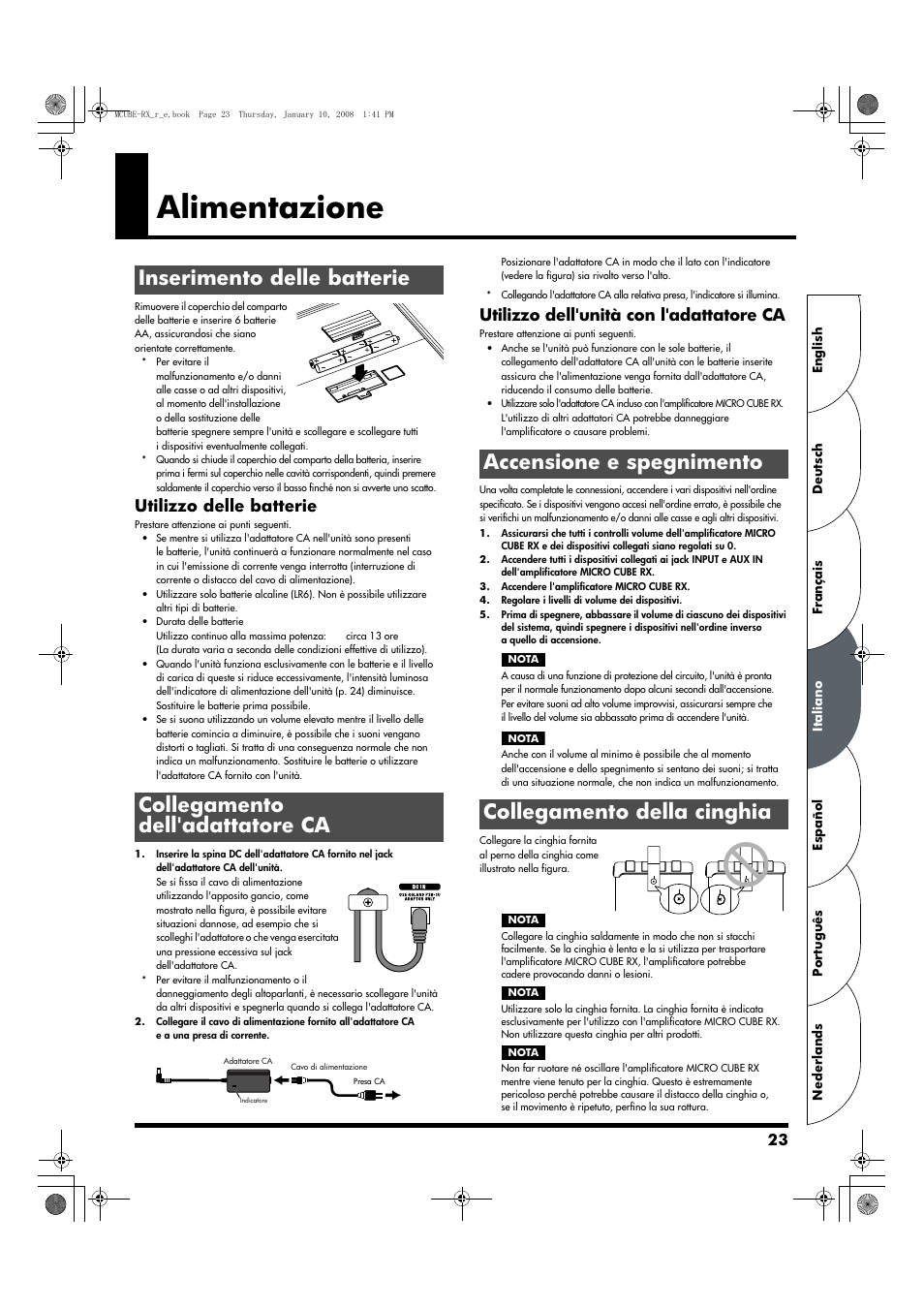 Italiano, Alimentazione, Inserimento delle batterie | Collegamento dell'adattatore ca, Accensione e spegnimento, Collegamento della cinghia, Utilizzo delle batterie, Utilizzo dell'unità con l'adattatore ca | Roland JC-120 User Manual | Page 23 / 52