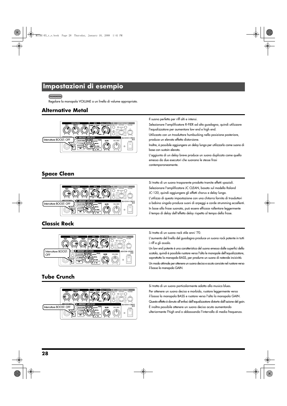 Impostazioni di esempio, Alternative metal, Space clean | Classic rock, Tube crunch | Roland JC-120 User Manual | Page 28 / 52