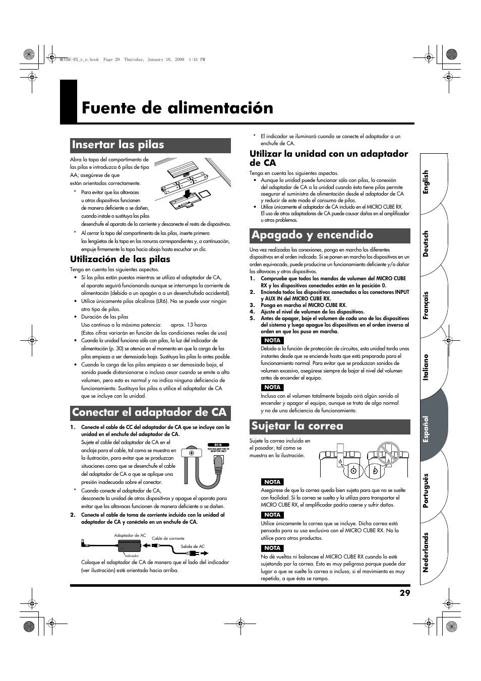 Español, Fuente de alimentación, Insertar las pilas | Conectar el adaptador de ca, Apagado y encendido, Sujetar la correa, Insertar las pilas conectar el adaptador de ca, Apagado y encendido sujetar la correa, Utilización de las pilas, Utilizar la unidad con un adaptador de ca | Roland JC-120 User Manual | Page 29 / 52