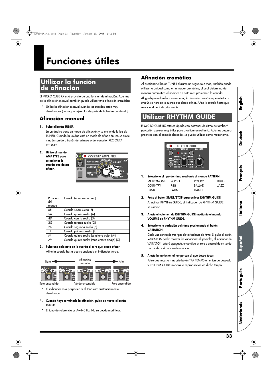 Funciones útiles, Utilizar la función de afinación, Utilizar rhythm guide | Afinación manual, Afinación cromática | Roland JC-120 User Manual | Page 33 / 52