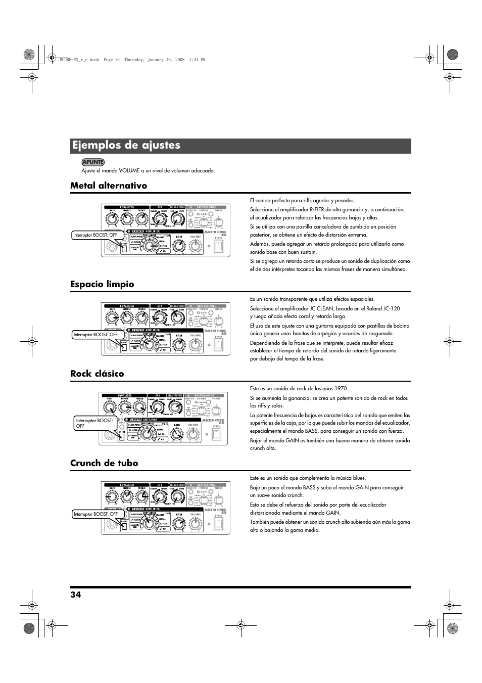 Ejemplos de ajustes, Metal alternativo, Espacio limpio | Rock clásico, Crunch de tubo | Roland JC-120 User Manual | Page 34 / 52