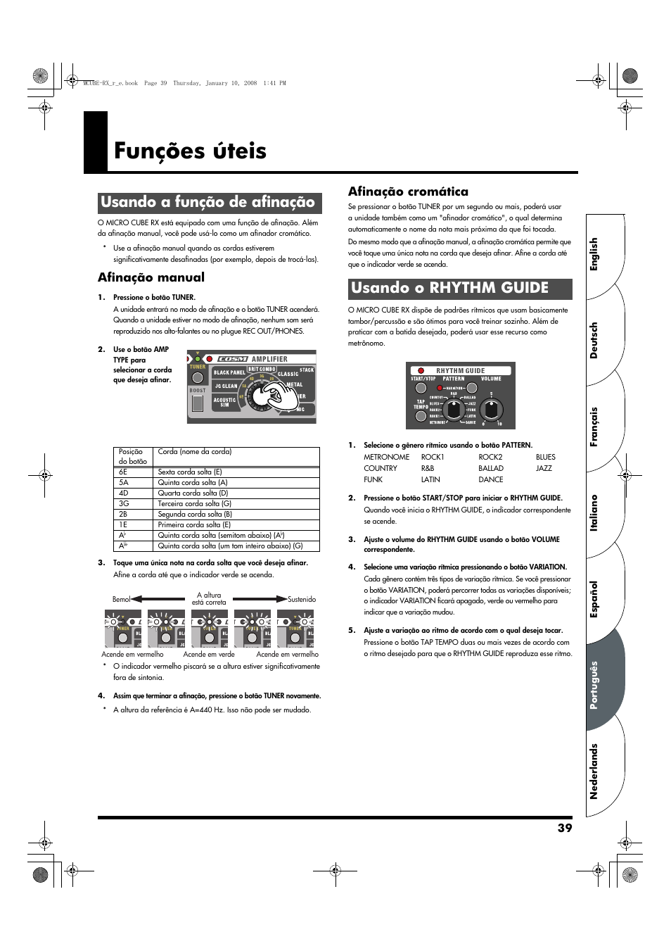 Funções úteis, Usando a função de afinação, Usando o rhythm guide | Afinação manual, Afinação cromática | Roland JC-120 User Manual | Page 39 / 52